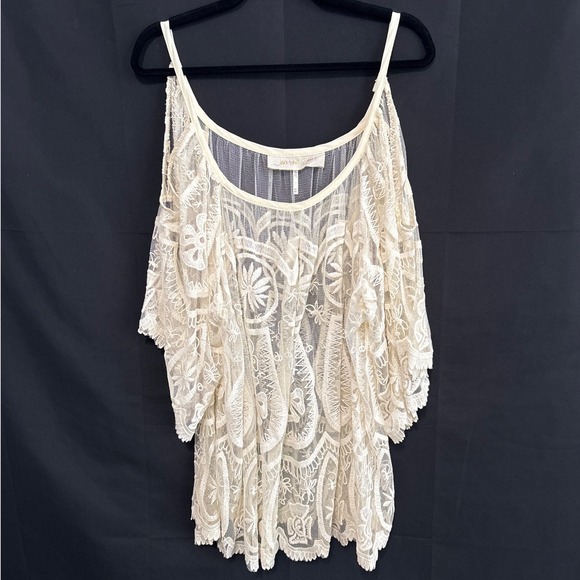Free People x Jens Pirate Booty Cream Lace Cold Shoulder Bell Sleeve Tunic Boho - Picture 6 of 9